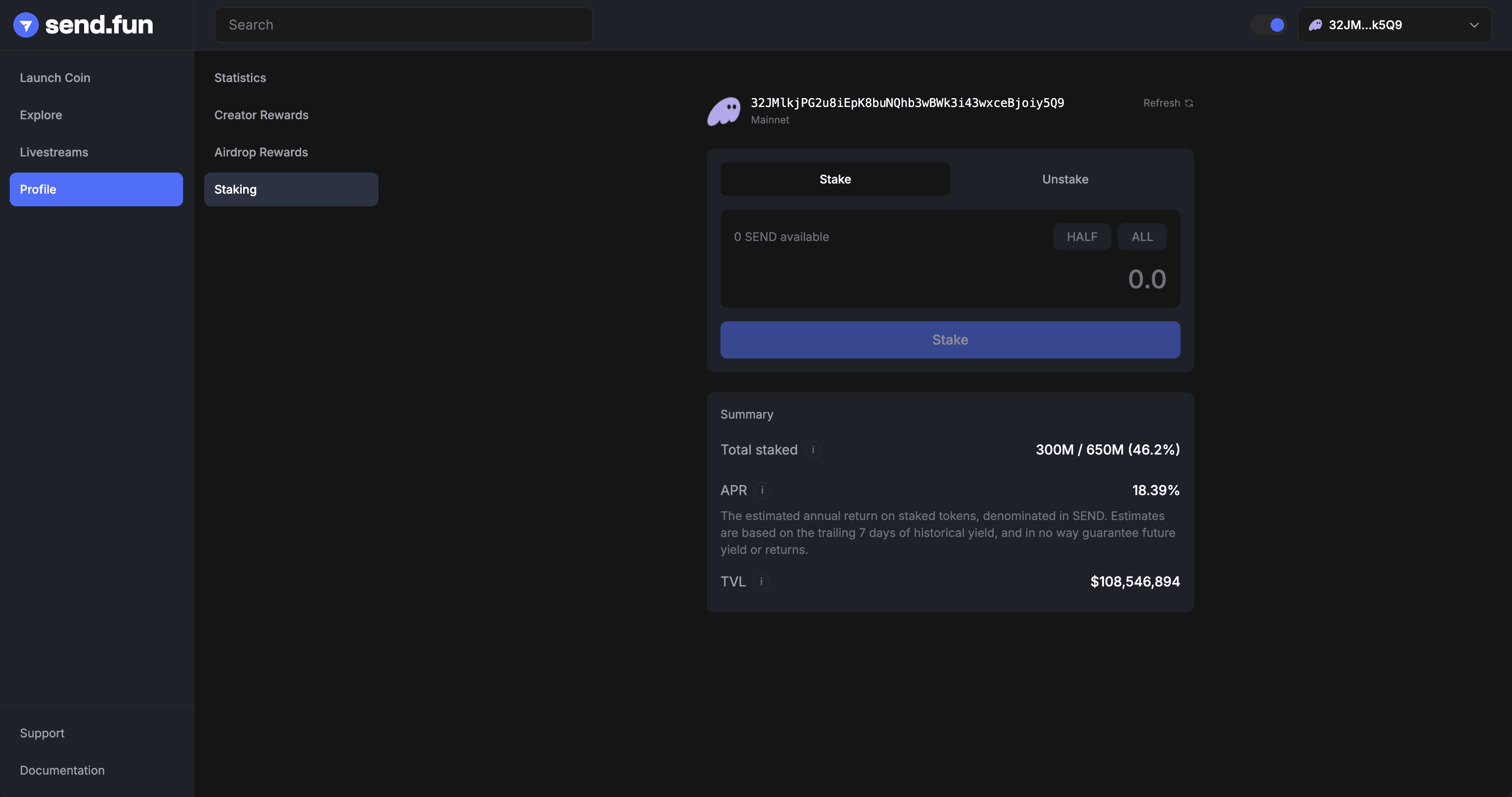 Send Staking Interface